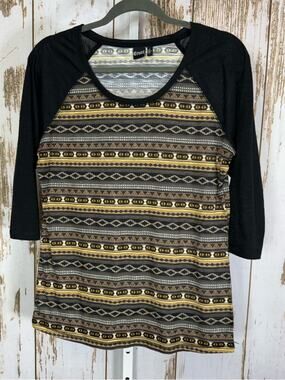 Cruel, Black and Yellow Aztec Raglan Long Sleeve Tee. Size Large. Good used cond